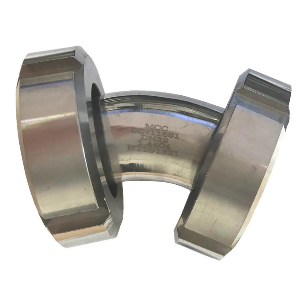 Milchrohrverschraubung Bogen 45° beidseitig mit Kegelstutzen und Überwurfmutter