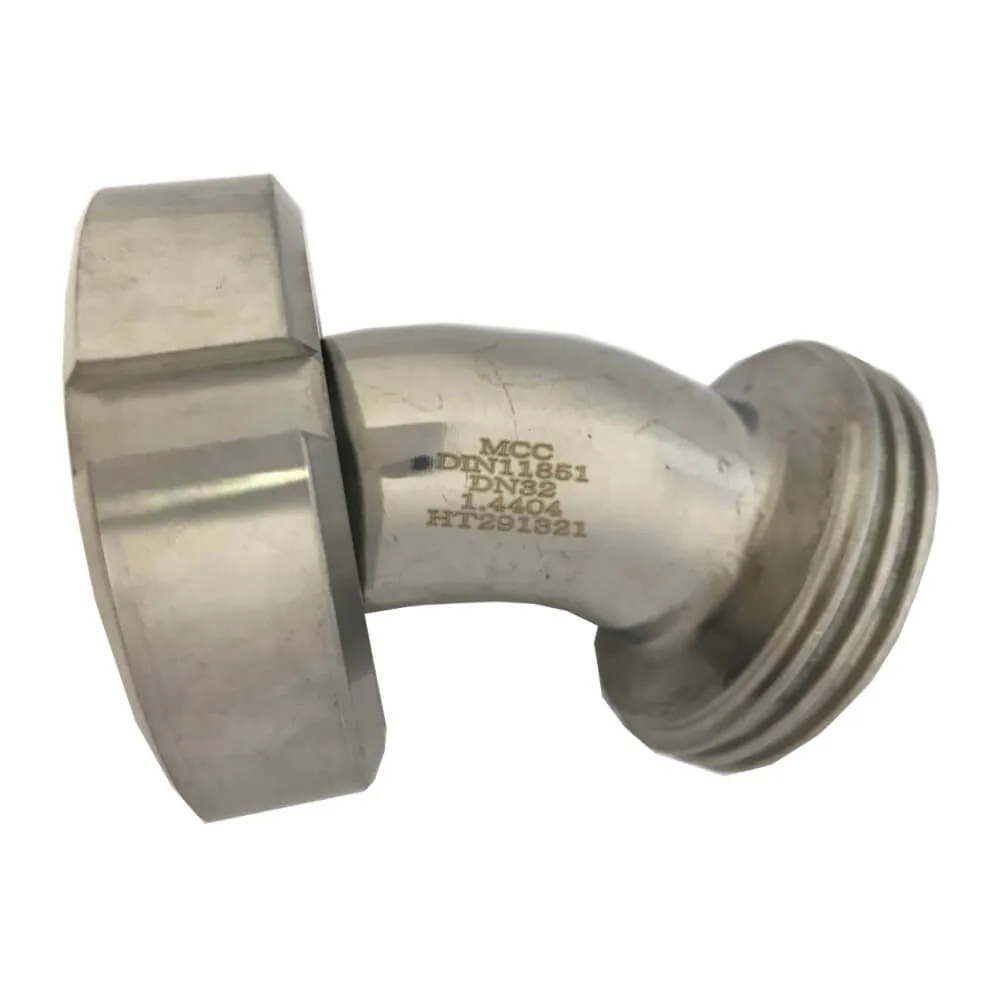 Milchrohrverschraubung Bogen 45° Kegelstutzen mit Überwurfmutter und Außengewinde